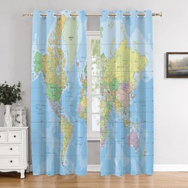 BaoNews Blue World Map Bedroom Curtains, Map of The World On Mercators Projection Blackout Polyester Grommet Window Treatment Drapes for Living Room, 2 Panels 52X84 Inches