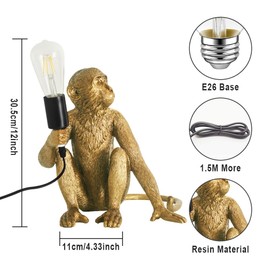MUMENG Monkey Desk Lamp, Resin Table Lamps for Living Room, Gold Animal Lamp for Bedroom, Unique Fun Creative Table Light Office Bar Cafe Home Decor