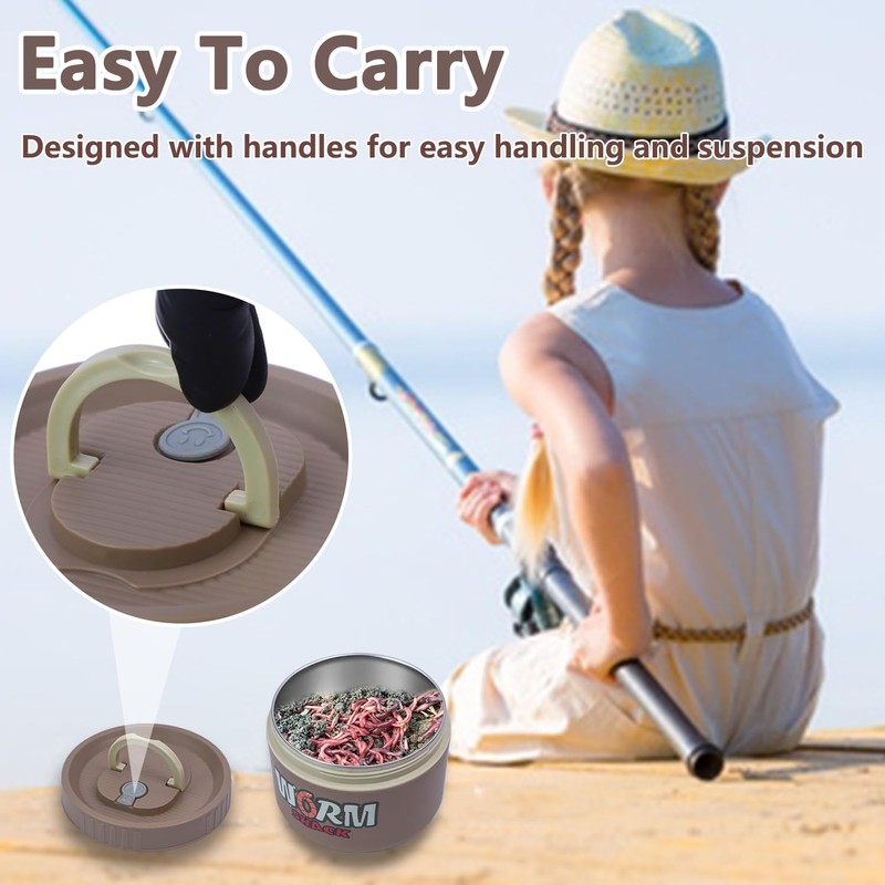 Fishing Bait Container, Insulated Stainless Steel, Live Bait Storage, Worm