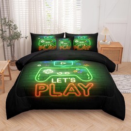 NINENINE Gaming Bedding Gamer Comforter Sets for Boys,6PCS Full Size Bedding Set for Boys,Gamepad Contoller Bedding Sets(1Comforter,1Flat Sheet,1Fitted Sheet,1Cushion Cover,2Pillowcases)…