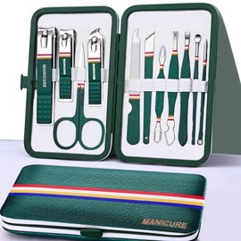 Rich Bunny 11PCS Manicure & Pedicure Tools & Accessories,Nail Care Kit with Compact Hand Case and Gift Box,Stainless Steel Nail Set,Nail clippers Set for Women & Men,Nail cleaning Care kit(Dark Green)