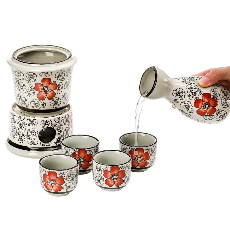 Foraineam Ceramic Sake Set with Warmer, Japanese Style Porcelain Hot
