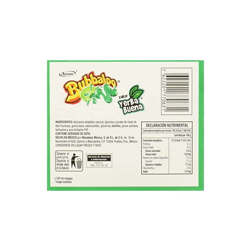 Bubbaloo Yerbabuena. Pepermint Bubbaloo Mexican Chewing Gum - 1 Pack