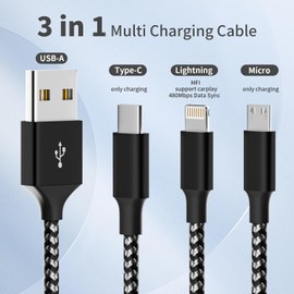 Firsting Multi Charging Cable,(2Pack 4FT) 3 in 1 Charging Cable for Multiple Devices, Nylon Braided Universal Charger Phone Charger Cord with Type-C,Micro USB,IP Port for iPhone16/15 Series/Phone&Pad
