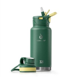 IDEUS Insulated Stainless Steel Water Bottle with 2 Leak-Proof Lids, Thermal Water Flask for Hiking Biking, 32oz, Green