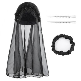 Bohend Women's Flower Turban Hat Rhinestone Beads Headwrap Beanie Pre Tied Pleated Headscarf Hood Tassel Veil Headwear Hat, Dark, 1 pc. (pack of 1)