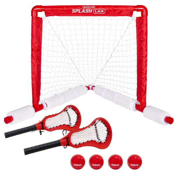 GoSports Lacrosse Floating Pool Game Set - Includes Pool Lacrosse Goal, 2 Water Lacrosse Sticks and 4 Soft Rubber Balls Red