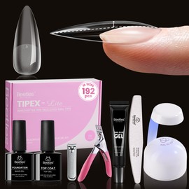 Beetles Tipex Lite Apex Nail Tips Kit, Stiletto Medium,192pcs 16 Sizes, with UV Nail Glue, Base & Top Coat, Mini Nail Lamp, Nail Clipper & Cuticle Nipper, Pre-Building Pre-Etched