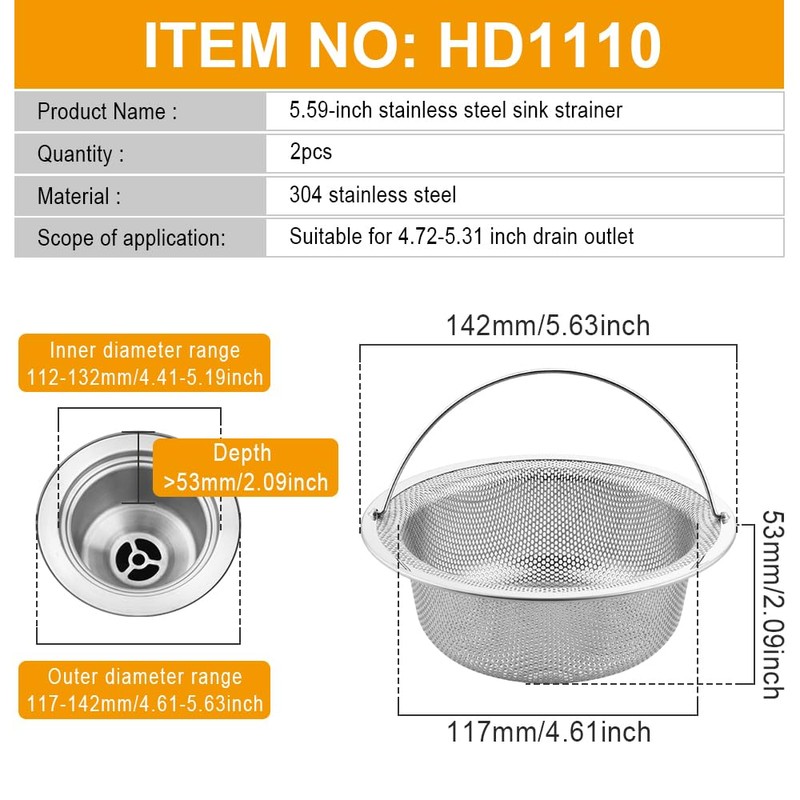haodex Kitchen Sink Strainer Stainless Steel with Handle (2, Outer