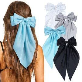 4 Pcs Hair Bows for Women Big Ribbon Bows for Hair Long Tail Bow Hair Clips Cute Hair Barrettes Hair Accessories for Girls (Blue + White + Gray + Black)