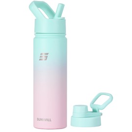 SUNWILL Stainless Steel Water Bottle with Straw, 650ml Insulated Water Bottle Metal, Leakproof Water Flask for Gym & Travel, Gradiant Mint Sakura
