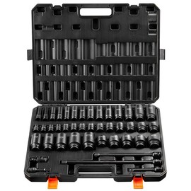 VEVOR Drive Impact Socket Set,  SAE 1/4"-3/4" and Metric 6-19mm, 6 Point Cr-Mo Alloy Steel for Auto Repair, Includes Extension Bars Universal Joint Adapter Lock Storage Case Tool Box:_43PC CR-MO - 1/2" SAE (Shallow/Deep)