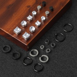 12 Pairs Magnetic Earrings Men Women Stainless Steel Fake Earrings Hoop Earrings CZ Magnet Non-Penetrating Clip Magnetic Stud Earrings Without Ear Clip Earrings Non Piercing Earrings Set Black Silver,