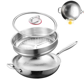Titanium Hammered Wok, 2026 Upgrade Double-side Hammered Frying Pans Nonstick, Non-Stick Wok,Durable Scratch-Resistant Non Stick Titanium Pans for Cooking,With steamer,14IN