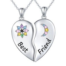 Best Friend Necklace for 2 Sterling Silver Sun and Moon BFF Necklace Two Split Heart Pendant Necklaces for Women Lady Friends Birthday Christmas Gift