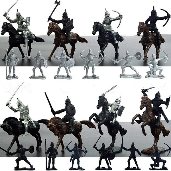 Kisbeibi 28Pcs/set Toy Soldiers Figures Knights Horses Toy Army Men Action Figures Medieval Soldiers Models Military Figures, Archaic Soldiers Figures Toys for Kids(Black+Grey)