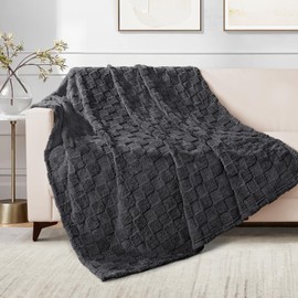 Exclusivo Mezcla Fleece Throw Blanket for Couch, Super Soft 3D Checkered Jacquard Bed Blanket, Cozy Fluffy Lightweight Blanket for All Seasons, 50x60 Inches, Dark Grey Blanket