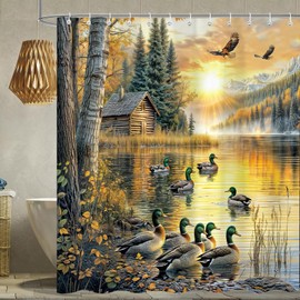 Yuphive Rustic Cabin Shower Curtain, Retro Country Farmhouse Duck Natural Forest Lake Scenery Bath Curtain for Bathroom, Woodland Anmial Theme Waterproof Fabric Shower Curtain Set 12 Hooks 72X72IN