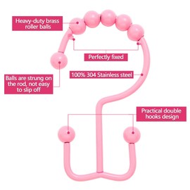 Qazvmlp Shower Curtain Hooks,304 Stainless Steel Shower Rings for Bathroom,Double Glide Shower Hooks for Bathroom Shower Curtain Rods Curtains,Set of 12 Hooks,Light Pink（Shower Curtain Hooks Style A ）