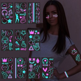 Konsait 10 Sheets of Luminous Tattoos for Children, Safe and Easy to Use Neon Tattoos Skin-Friendly, Music Notes Numbers Crowns Black Light Tattoos