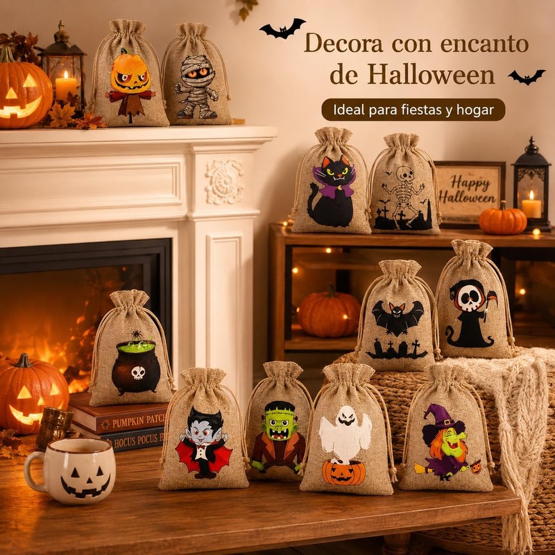 48 Bolsas de Arpillera para Halloween, 12 Diseños, Tamaño 10