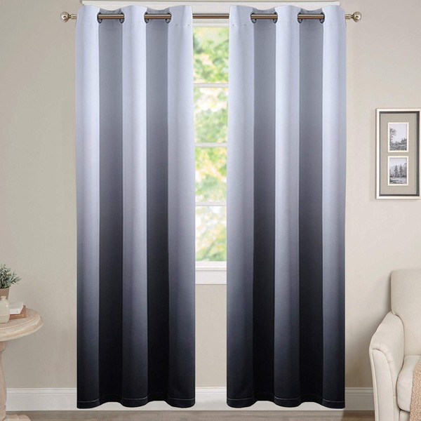 Yakamok Room Darkening Greyish White and Black Blackout Ombre Curtains Thickening Polyester Thermal Insulated Grommet Gradient Color Drapes for Bedroom (Black, 2 Panels, 38x84 Inch)