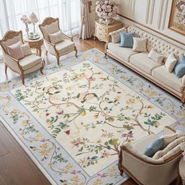 jinchan Floraison 8x10 Area Rug Floral Washable Carpet Indoor Non Slip Soft Netural Chinoiserie Large Low Pile Boho Design Rug for Living Room Bedroom Dining Room Beige/Blue