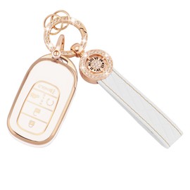 EKALA for Honda Key Fob Cover with Leather Key Fob Keychain, 5 Buttons Soft TPU Keys Shells Compatible with 2023 2024 Honda Civic Accord Pilot CR-V HR-V Smart Key Fob Case, White (RP-Hod-5R-W)