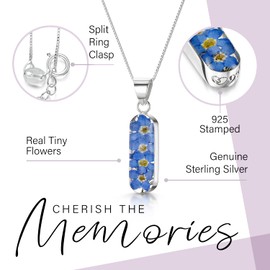 Shrieking Violet 925 Sterling Silver Narrow Oval Real Flower Pendant Necklace - Forget-Me-Not (Blue)