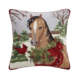 Peking Handicraft Light Brown Holiday Horse Christmas Holly - 18" Hooked Wool Pillow