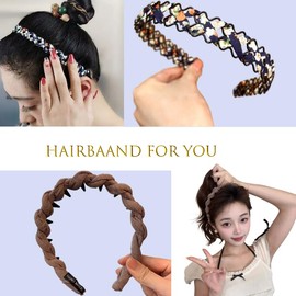 Xizhounianfeng 2-in-1 Decorative Hair Clips Non-Slip Grip - Nylon Braid Headbands for Women - Comfortable Accessories for All Types(braided coffe＆Metal Orchid)