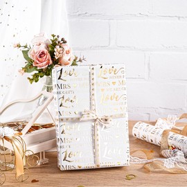 LeZakaa Wedding Wrapping Paper Roll, Love Never Fails Mr & Mrs We Are Getting Married Gold Foil Heart Romantic Design for Bridal Shower, Engagement, Anniversay, for Couple, 17 IN x 32.8 FT