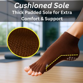 Soxsense Toeless Grip Socks for Pilates & Yoga, Open Toe Non Slip Socks for Barre, Dance, Workout 2Pairs (US, Alpha, Medium, Regular, Regular, Brown/Beige)
