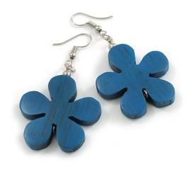 Blue Coloured Wood Flower Drop Earrings - 60mm L