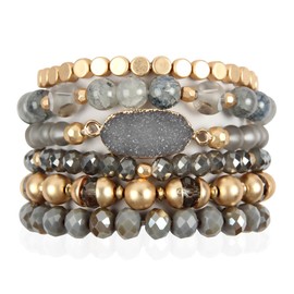 RIAH FASHION Bohemian Versatile Multi-Layer Bead Statement Bracelet - Stretch Stackable Bangle Set Acrylic Druzy (Bohemian Oval Druzy Set - Light Gray)