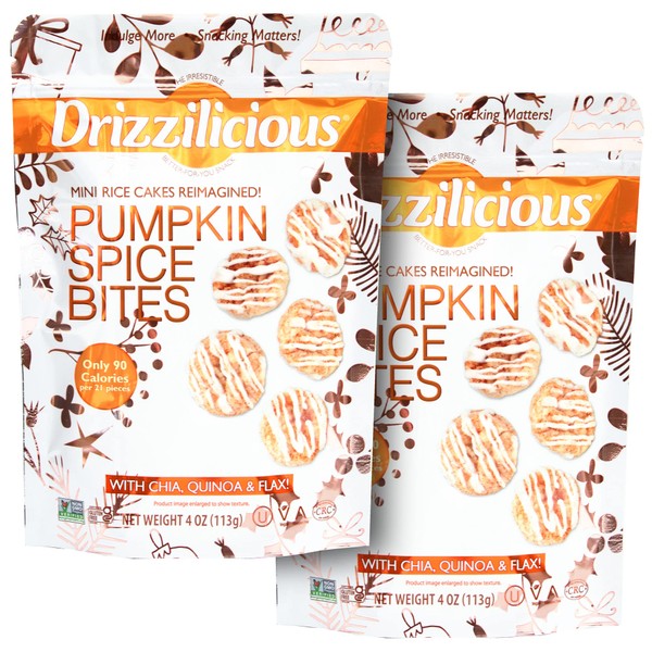 Drizzilicious Pumpkin Spice 4oz 2 Pack | Mini Snack Chocolatey Rice Cakes | Vegan Air Popped Chia, Quinoa, Flax Snack