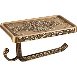 Antique Brass Toilet Paper Holder with Shelf, Aluminum Wall Mount Toilet Tissue Holder with Cell Phone Storage and Hook,Bathroom Toilet Paper Holder Modern Style & Rustproof（Aluminum Bronze）