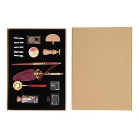Quill Pen and Ink Set Vintage Elegant Glossy Writting Exquisite Colors Feather Pen and Ink Set with Sealing Wax Wine Red