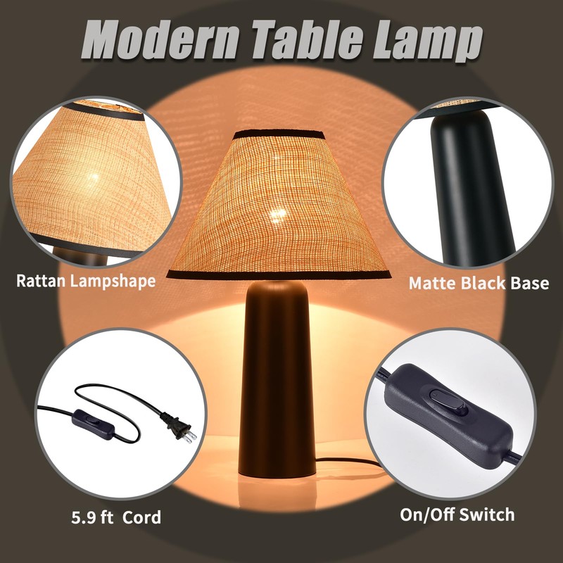Matte Black Rattan Table Lamp for Bedroom, Modern Wicker Lamps