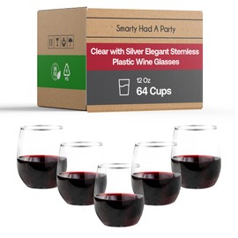 Smarty Had A Party 12 oz Wine Glasses – 64 Clear Stemless Plastic Wine Glasses with Silver Rim, Unbreakable Disposable Drinkware for Weddings & Events