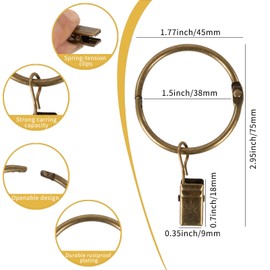 Openable Curtain Rings with Clips,1.5inch Inner Diameter,Heavy Duty Rustproof Metal Decorative Vintage Drapery Rings Curtain Clips Rod Hangers Door Curtain and Shower Curtain Rings Bronze Zocang