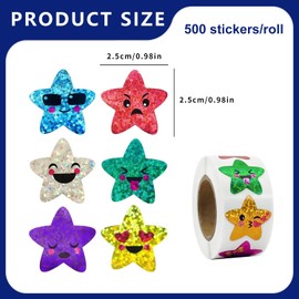 500 Pcs Glitter Star Stickers Roll – Smiling Face Star Stickers for Kids, Teachers, Reward Charts – Gold Shiny Smile Stickers for Motivation, Scrapbooking, Classroom Supplies, Party Favor & Crafts