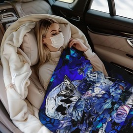 Blue Flower Butterfly Sugar Skull Blanket Throw Blankets Soft Warm Fleece Blanket for Women Men for Gifts Travel Airplane Bed Couch Car 50"x40"