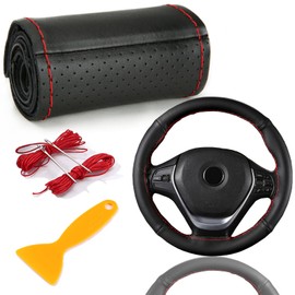 Genuine Leather Steering Wheel Cover, Steering Wheel Cover for Sewing, Steering Wheel Cover Leather Universal Fit 37-39 cm Car Steering Wheels, Two-Tone Leather Steering Wheel Cover (Red Line, Black)