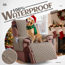 KinCam 100% Waterproof Recliner Chair Cover, Reclining Couch Covers for Pets, Dogs, Recliner Couch Slipcover Furniture Protector with Elastic Straps for Kids(23.6", Taupe)