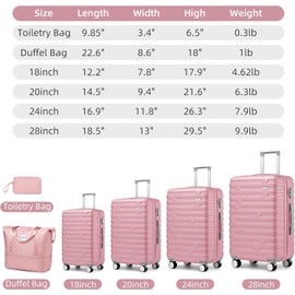 Campfun 6 Piece Luggage Sets, Carry On Luggage Set with Travel Bag & Toiletry Bag, Expandable ABS Suitcase with Double Spinner Wheels, Checked Hardshell Suitcase 18/20/24/28in for Women Girl, Pink