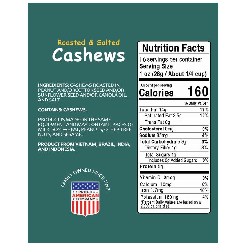 Platinum’s Roasted & Salted Cashews - Plant Based Protein, Fiber,