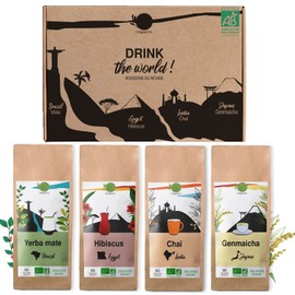 ORIGEENS ORGANIC TEA GIFT SET - TEAS FROM AROUND THE WORLD - Hibiscus Tea, Mate Tea, Chai Black Tea, Genmaicha Green Tea - Organic Herbal Tea Box 4x80gr