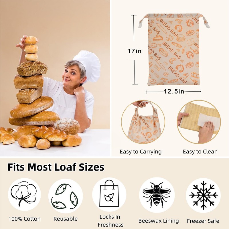 GDDAY Beeswax Bread Bags for Homemade Bread,Reusable Beeswax Bags for