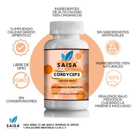Cordyceps Adaptógeno Premium 100% Puro | 120 Cápsulas | Saisa Herbal | Energía, Resistencia y Sistema Inmune
